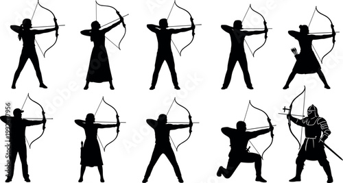 Collection of archer silhouettes in various shooting poses with bow and arrow isolated on white background sport and hunting vector set