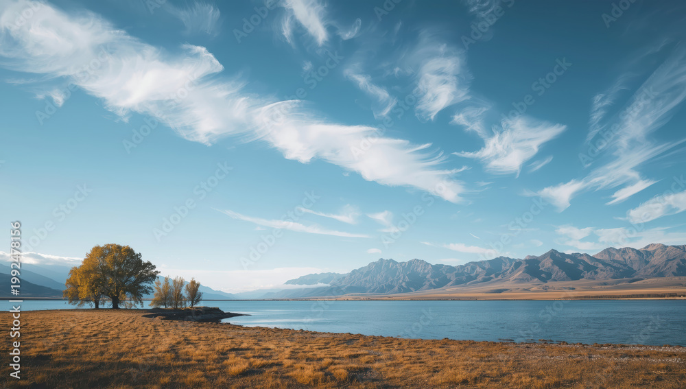 Fototapeta premium Golden lakeside tree cluster with sweeping clouds and distant mountain range