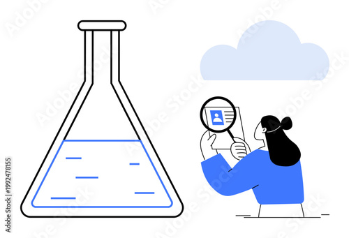 Data analysis concept. Data analysis with a scientific approach ed by a lab flask and a researcher examining data. Data analysis for research, cloud computing, or innovation projects. Broad usage