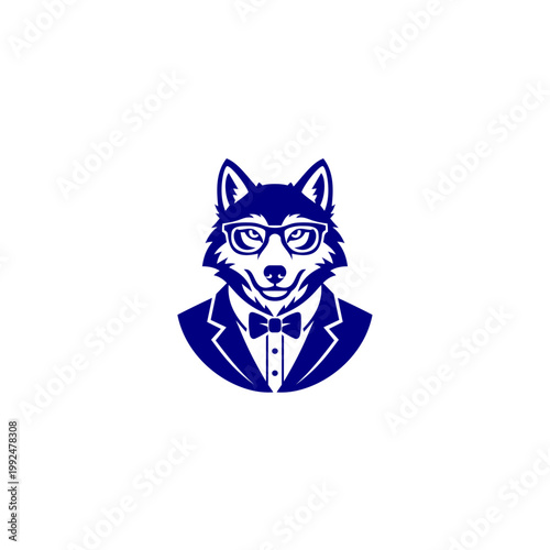 Stylized wolf wearing glasses and formal suit with bow tie isolated on white background 