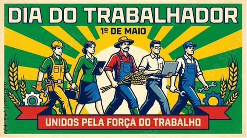 Poster Dia do Trabalhador – 1º de Maio (Brasil): Unidos pela Força do Trabalho, Cinco Profissionais em Movimento