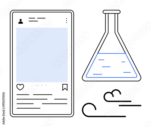 Social media marketing, scientific innovation, online learning, digital communication, research tools, technology. A smartphone interface and a lab flask. Social media marketing and scientific