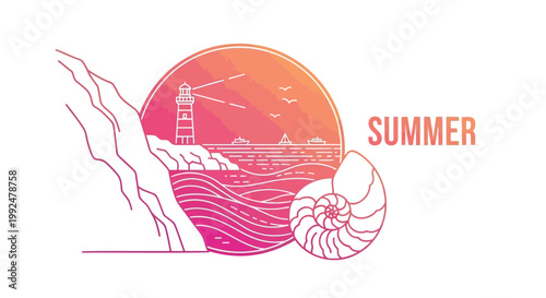 Summer, beach, lighthouse, nautilus shell, sunset, vector icon