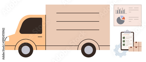 Logistics, delivery services, supply chain, business planning, cargo management, transportation. Illustration of a truck, charts clipboard box and gear. Logistics and delivery services concept