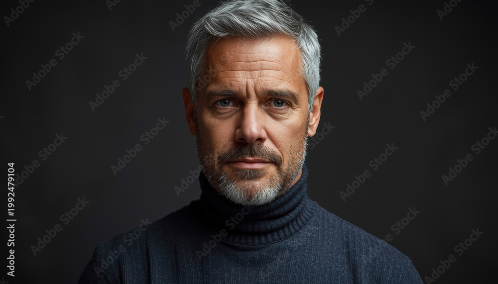 Fototapeta premium Mature man with gray hair and beard wearing dark turtleneck, serious expression, studio portrait