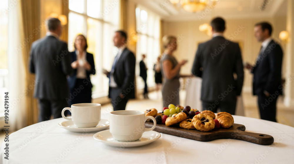 © ViskBx - Business people networking at a conference during a coffee break with pastries and coffee on a table in the foreground © ViskBx - Business people networking at a conference during a coffee break with pastries and coffee on a table in the foreground