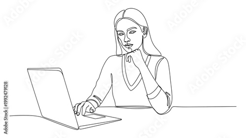 Continuous line drawing of a woman working on a laptop computer.
