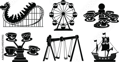 Amusement park rides silhouettes like roller coaster ferris wheel and pirate ship