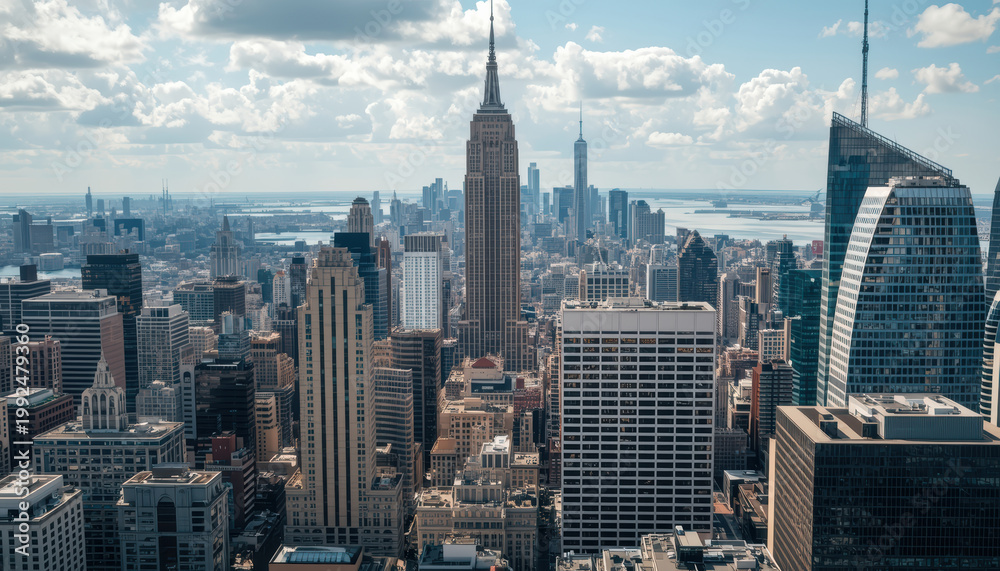 Fototapeta premium City skyline aerial view with sunlight and clouds evoking urban atmosphere