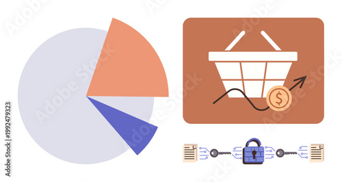 E-commerce, blockchain security, data analysis, fintech, investment strategy, marketing trends. Pie chart, shopping basket with upward arrow and blockchain security icons. E-commerce and blockchain
