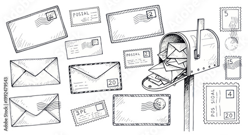 Hand-drawn illustration of mailbox overflowing with envelopes and stamps