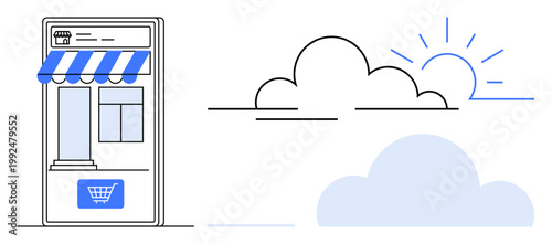 E-commerce, online retail, digital shopping, cloud computing, internet business, small business solutions. Minimalist storefront with a shopping cart symbol, sun and clouds. E-commerce and cloud