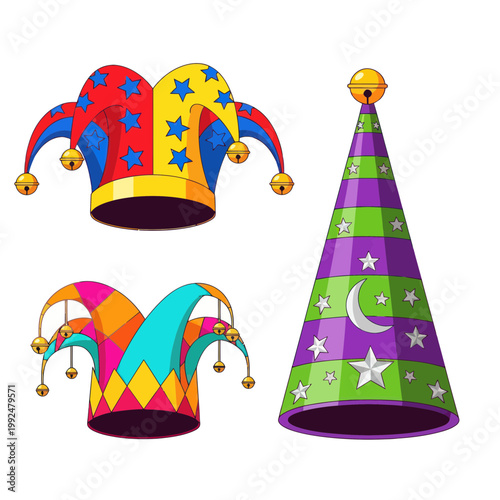 Jester Hats and Party Cap Collection Isolated on White Background