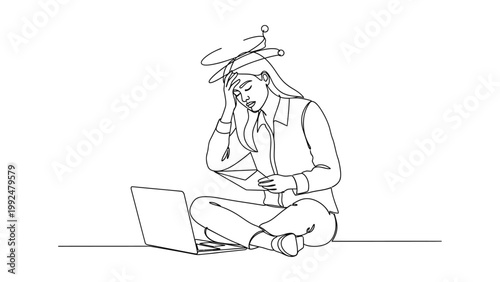 Continuous line drawing of a stressed young woman working on a laptop.
