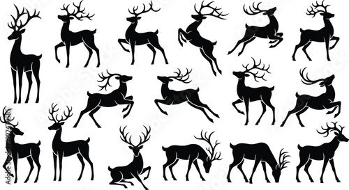 Deer silhouette collection featuring various poses of stags and bucks with large antlers isolated