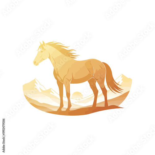 Majestic Horse Silhouette Against Golden Mountain Sunrise Landscape