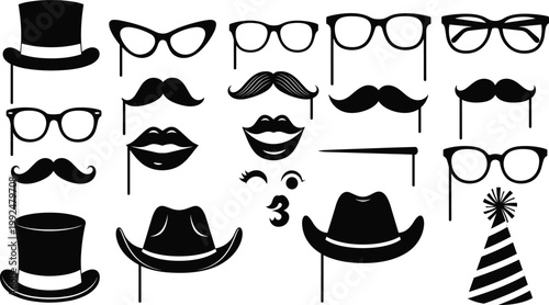 Photo booth props set with various hats glasses moustaches and lips for party event celebration fun