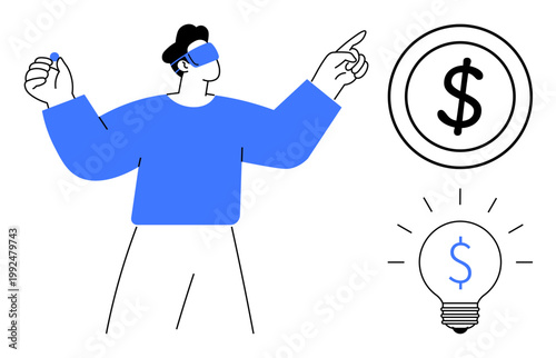Financial planning, investment strategies, economic decisions, innovation, savings, and budgeting. A person holding a coin and pointing at dollar and lightbulb icons. Financial planning