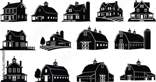 Set of 12 black and white barn and house silhouettes, country farm building icons