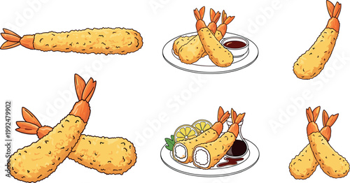 Crispy fried shrimp tempura set with dipping sauce, golden seafood snack illustration isolated on white background in various compositions