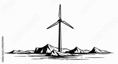 Black and white illustration of a single wind turbine standing tall amidst rocky terrain, symbolizing renewable energy and environmental sustainability.
