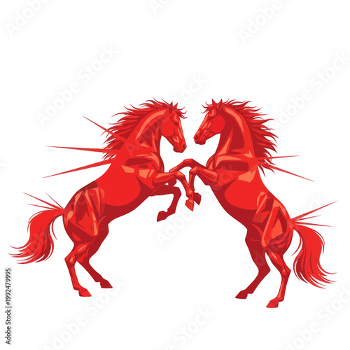 Two Rearing Red Horses Illustration, Fighting Spirit, Dynamic Power