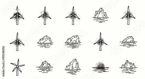 Collection of hand-drawn icons: wind turbines and rocky islands on water, representing renewable energy and nature