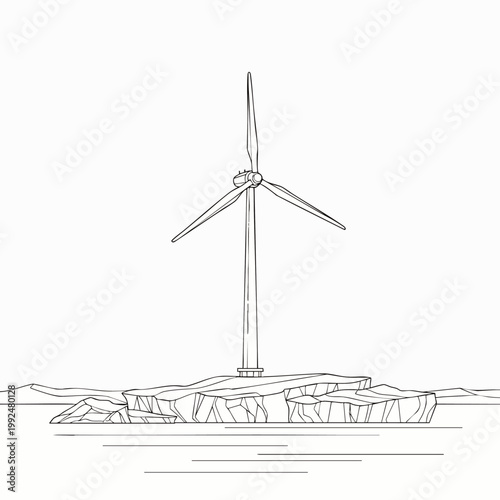 Outline drawing of a single wind turbine standing on a rocky island in the sea, symbolizing renewable energy and environmental protection.
