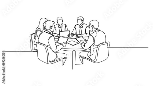 Continuous line drawing of a business meeting with a group of professionals sitting around a table.
