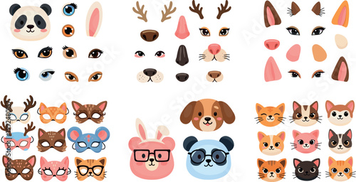 Cute animal face elements set with eyes noses ears and cartoon characters for avatar creator vector illustration collection