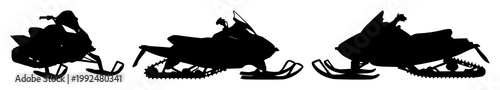 Snowmobile set with dynamic black silhouette on pristine white background featuring snowmobile, winter sport, recreation with snow and mountain