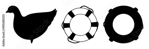 Lifebuoy set with black silhouette on white background featuring liferaft, rescue equipment, emergency gear with maritime safety and flotation devices