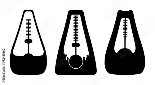 Metronome set with black silhouette on white background featuring timekeeping, music, instrument silhouette design with simplicity and monochrome