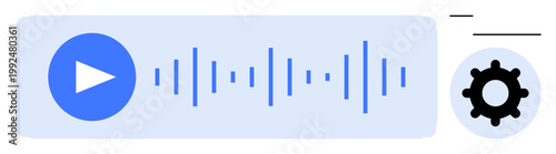 Audio playback design. Audio playback elements such as play button, sound wave visualization, and settings icon included. Audio playback for media apps, podcasts, or streaming tools. Compatible