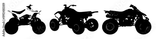 Quad bike set with black silhouette on white background featuring quad machine, offroad vehicle, two-wheeled transport with cycling and sport