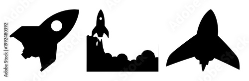 Rocket ship set with black silhouette on white background featuring space, launch, and futurism with black and white and vector illustration