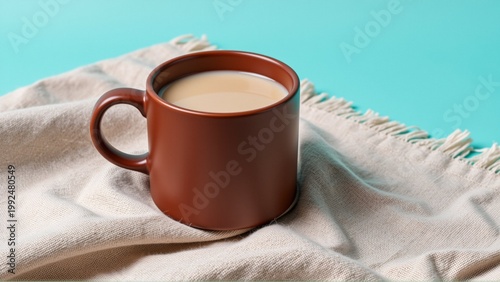 brown ceramic mug handle beige cloth napkin mug filled light brown liquid which appears coffee tea background solid turquoise color napkin has fringes along edges adding decorative touch overall mood