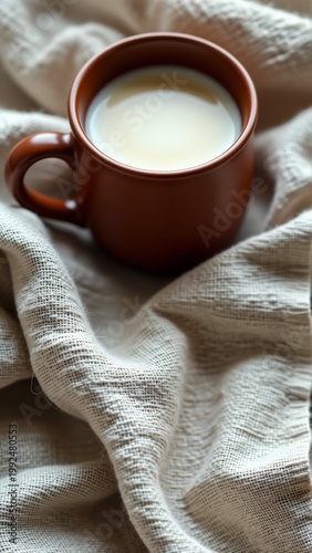 close brown ceramic mug handle beige cloth mug filled creamy white liquid which appears milk yogurt cloth draped over mug creating soft cozy texture background blurred making mug cloth focal point