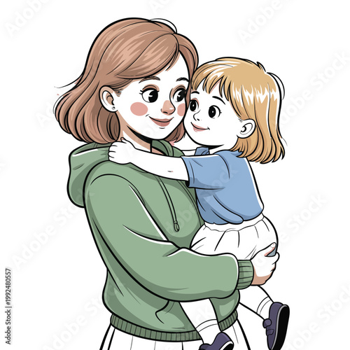Mother holds her small child in a warm embrace to show love and family.