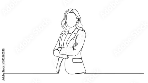 Continuous line drawing of a professional business woman standing with arms crossed.