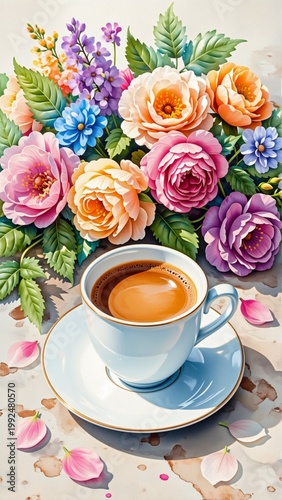 digital illustration cup coffee saucer cup white blue rim filled dark brown liquid which appears coffee saucer blue has gold rim around cup bouquet colorful flowers shades pink orange yellow purple