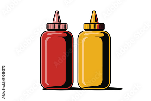 Condiment bottles sit on a table to represent dining and food service industry.