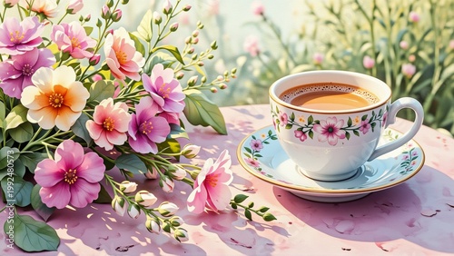 digital illustration cup tea pink tablecloth cup white floral design has saucer underneath tea steaming appears freshly brewed side bouquet pink orange flowers green leaves background blurred seems