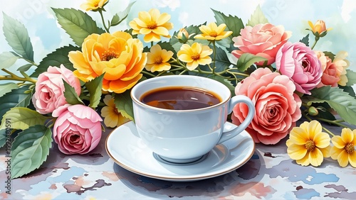 digital illustration cup tea table cup white saucer filled dark liquid possibly tea table covered blue white floral patterned tablecloth side table several pink yellow roses green leaves roses