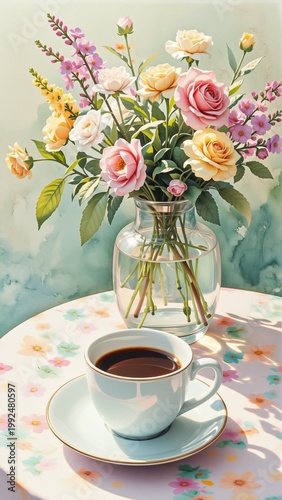digital illustration table vase flowers cup coffee vase glass filled variety colorful flowers including roses daisies lilies flowers shades pink orange yellow arranged way creates beautiful bouquet