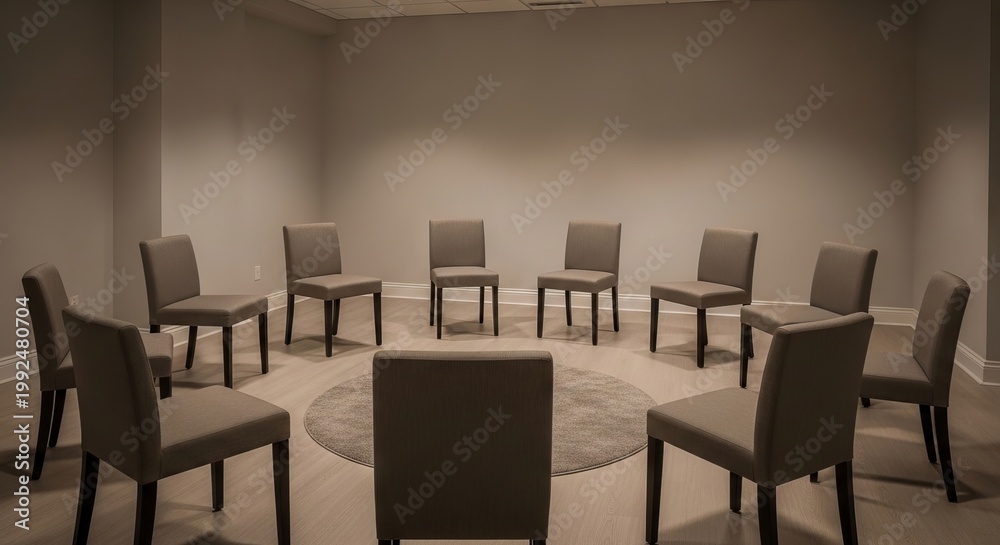 Fototapeta premium Chairs arranged in circle for group meeting or therapy session. Empty seats in semi circle for communication workshop