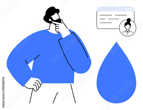 Decision-making, creativity, problem-solving, sustainability, digital identity, profile management. A person thinking, profile interface and water drop. Decision-making and sustainability