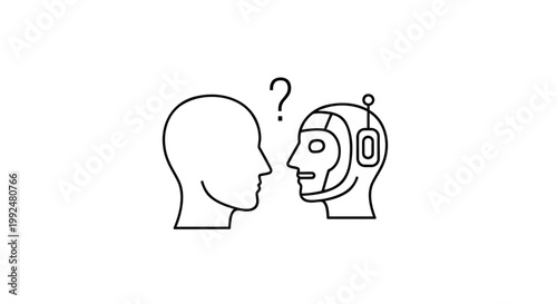 Human, robot, face, communication, technology, question mark, line art, vector icons