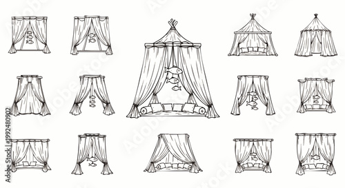 Collection of Vintage Canopy Bed Designs, Hand-Drawn Illustrations of Luxurious Four-Poster Beds with Drapes