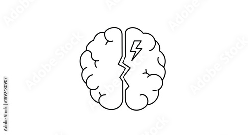 Brain, split, cracked, mental health, psychology, icon, symbol, black line art